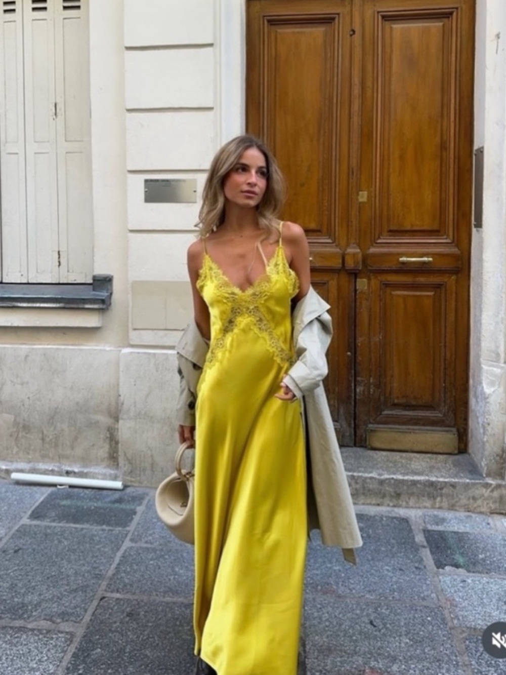 Zara Yellow Satin Lace-Trim Maxi Dress